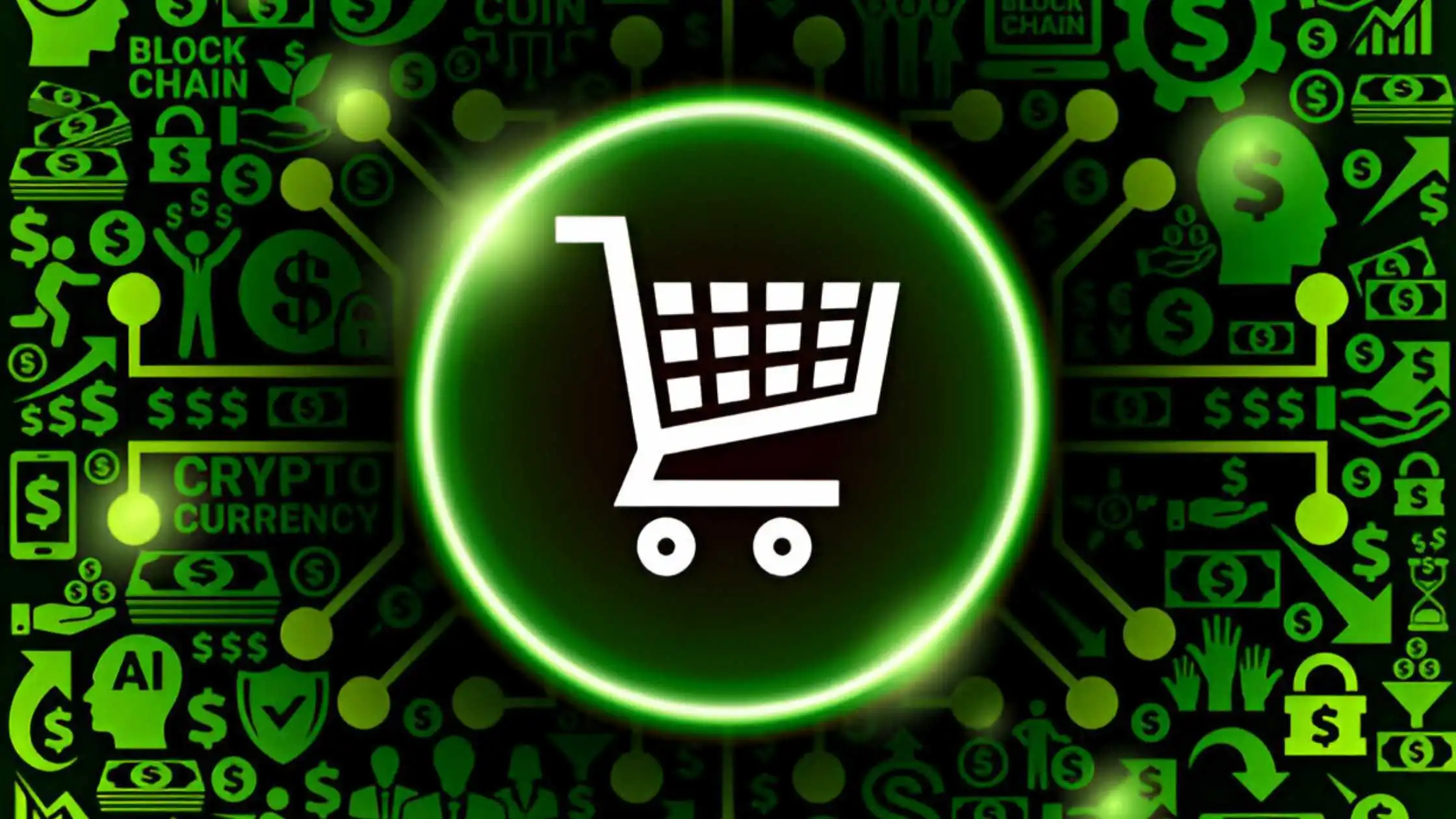 Shopping Cart Icon on Money and Cryptocurrency Background